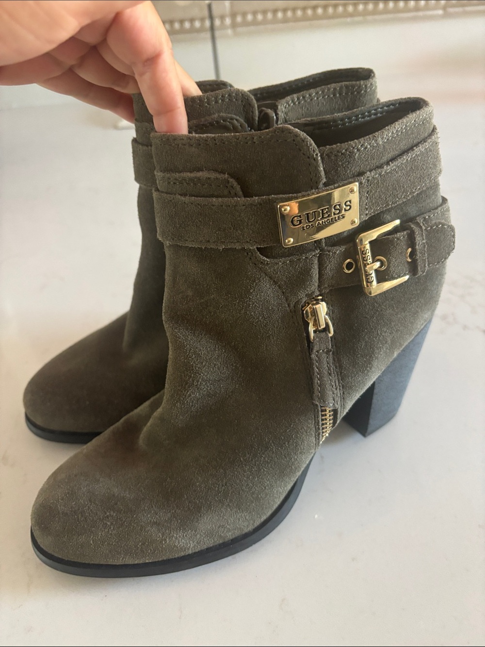 GUESS Olive Green Suede Ankle Boots with Gold Accents - Picture 3 of 8